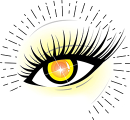 A yellow eye with long lashes and a black eyeliner.